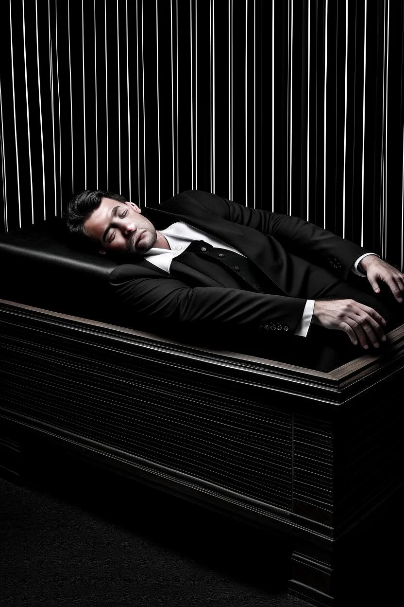 a man in black suit, white shirt, black pants, black shoe sleeping in a coffin