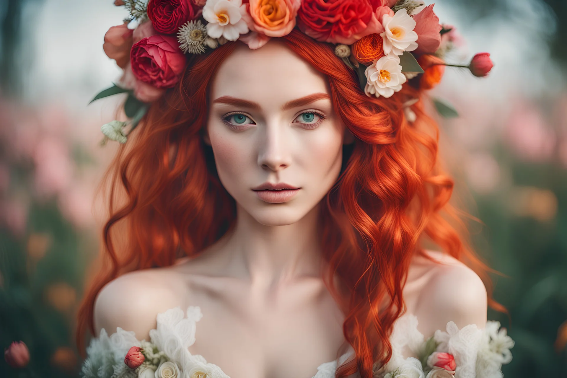 A photo of a (woman adorned with flowers:1.3), (vivid red hair:1.2), (piercing gaze:1.4), floral headpiece, (soft petals against skin:1.1), (natural beauty:1.2), (contrast of colors:1.3), intimate portrait, Canon EOS 5D Mark IV, 1/200s, f/2.8, ISO 100, (depth of field:1.1), (delicate bloom textures:1.2), (poetic composition:1.3).