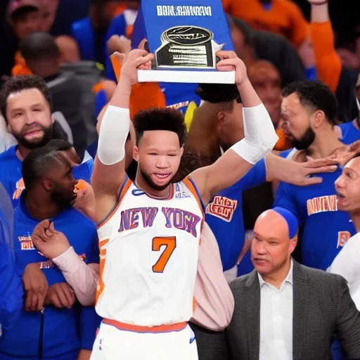 Jalen Brunson winning the NBA finals with the new york Knicks at Madison Square Garden and holding the MVP trophy above his head