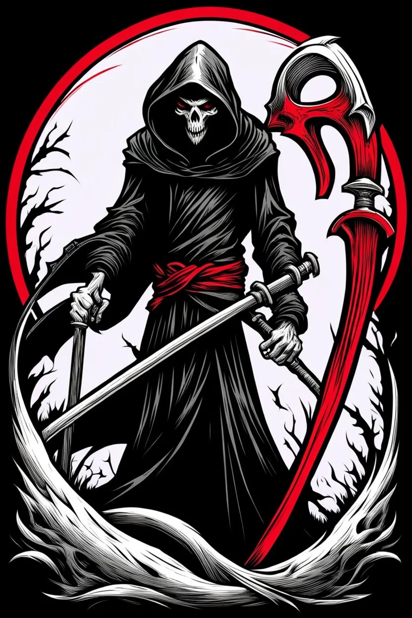 hooded Grim-Reaper gripping scythe, vignette, black and white graphic novel style with a red outline, and black background,