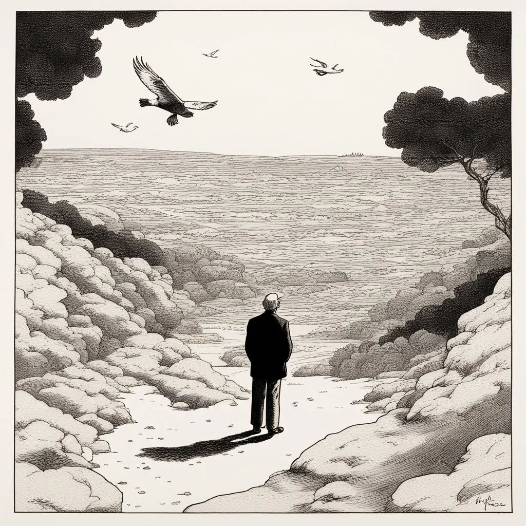 a alone man. pen and ink, birds eye view, illustrated by hergé, Background space and earth