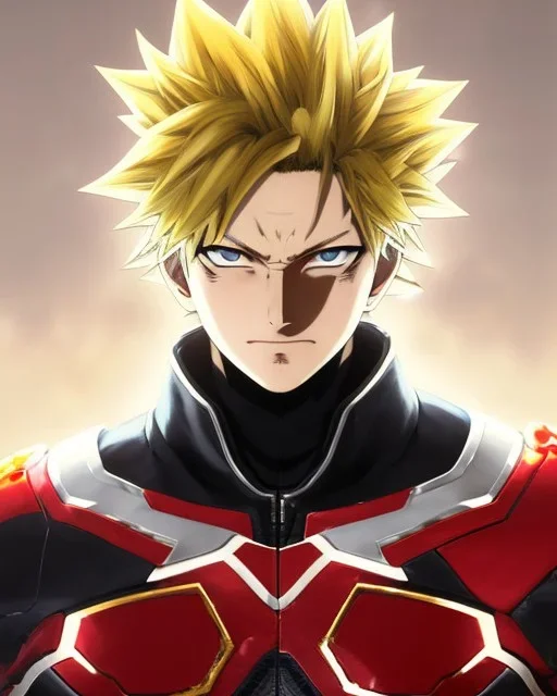 Detailed anime portrait of bakugo from my hero academia, gold hair and golden eyes, black suit, intricate details, full body portrait, keep head in frame, slight smile, black Japanese motif, concept art, highly detailed, digital painting, concept art, sharp focus, illustration, art by Yoji Shinkawa, WLOP and greg rutkowski and alphonse mucha and artgerm and yanjun Chen and Junji ito and Makoto Shinkai, HDR, octane render