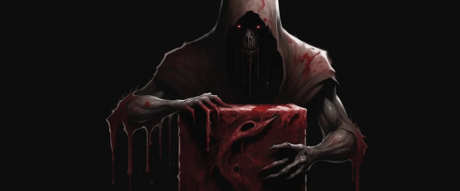 a faceless creature covered in blood holding up an empty black box