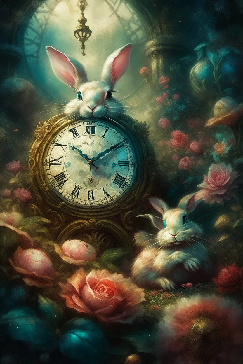 The fairy tale "Alice in Wonderland", a rabbit with a clock hurries among the bushes of vintage roses Oil on silk, work of art, hyperdetalization, professionally, filigree, misty haze,surrealism, transparent, delicate pastel tones, backlight, grunge style, three-dimensional watercolor, aesthetically pleasing, beautiful, realistic, high resolution, high detail, ISO 100 photosensitivity and aperture f/2.8, 1/250 with a 30 mm lens, 32 KB