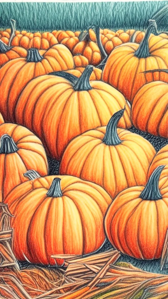 pencil drawing with colored pencils of a pumpkin patch