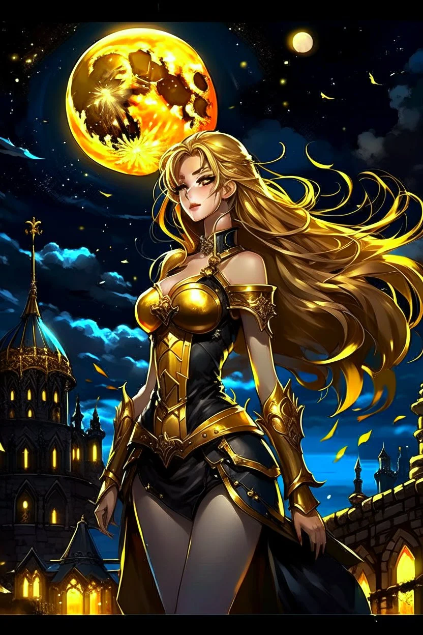 SUPER PRETTY GIRL, DRESSED WITH A BLACK-GOLD SMALL ARMOUR, GOLDEN LONG HAIRED, GOLDEN EYES, GREATH SMILE, BIG BUBS, NICE BODY, STAY ON DARKNESS CASTLE, STARS SKY, MOON, LEGENDARY WARRIOR, POWERED GIRL, A GOLDEN GLOW AROUND HER BODY.