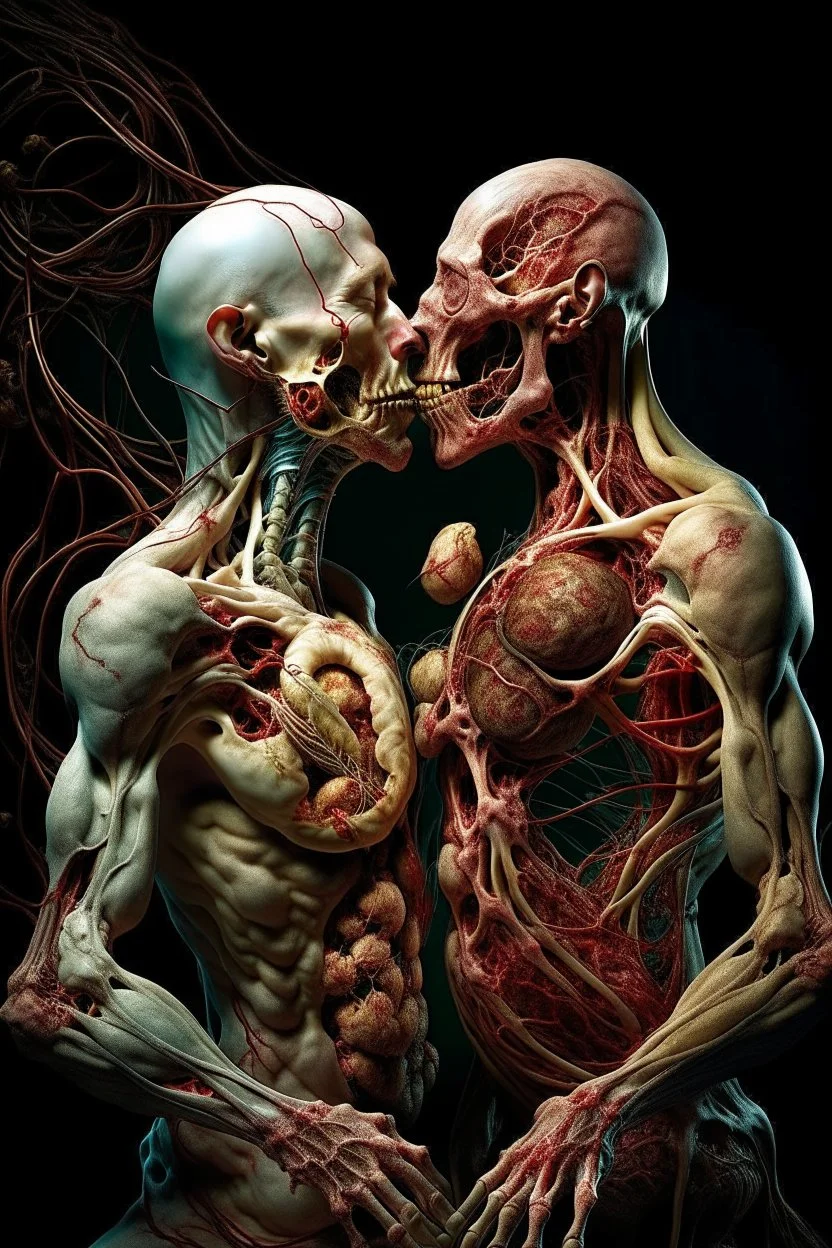 cinematic gore photorealistic fleshy dmt lsd photo of 2 bodies making love, 1 male 1 female, 1 soul, complementary, anatomically fragmented, ripped apart again being flayed, skinned alive. A beating heart, muscles, blood vessels, bowels, entrails are exposed. anatomy. physiology. Bosch and Dali inspired hallucinations. mythology. grotesque.