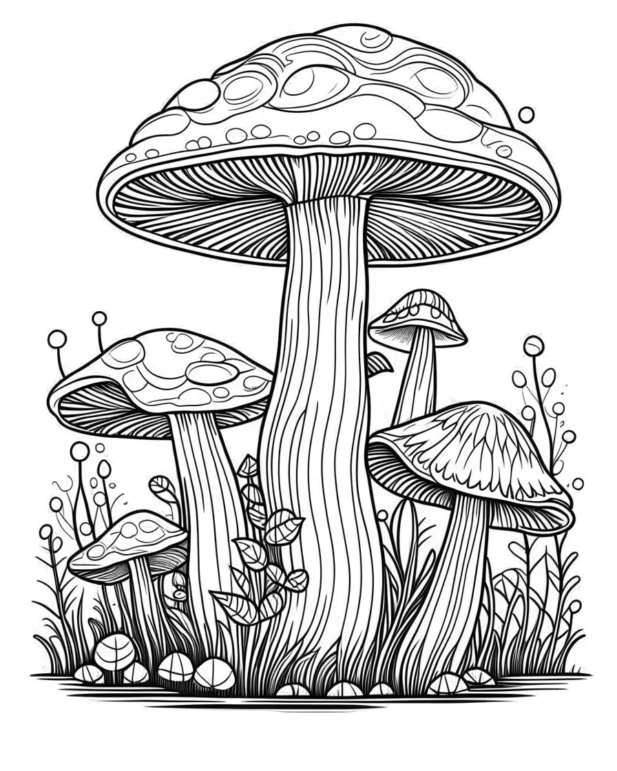 mushroom world minimalistic landscape. line art, background, vector, svg, coloring book page style, black outline on white background