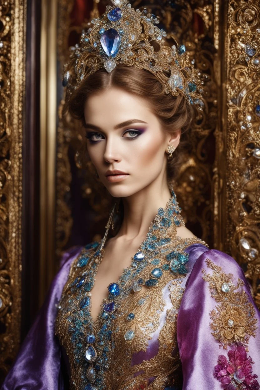 Gorgeous photography half body Beautiful super model Russian dressing Luxury gown Victorian colorful art conceptual, amazing artwork,close-up portrait,crystal ornaments background