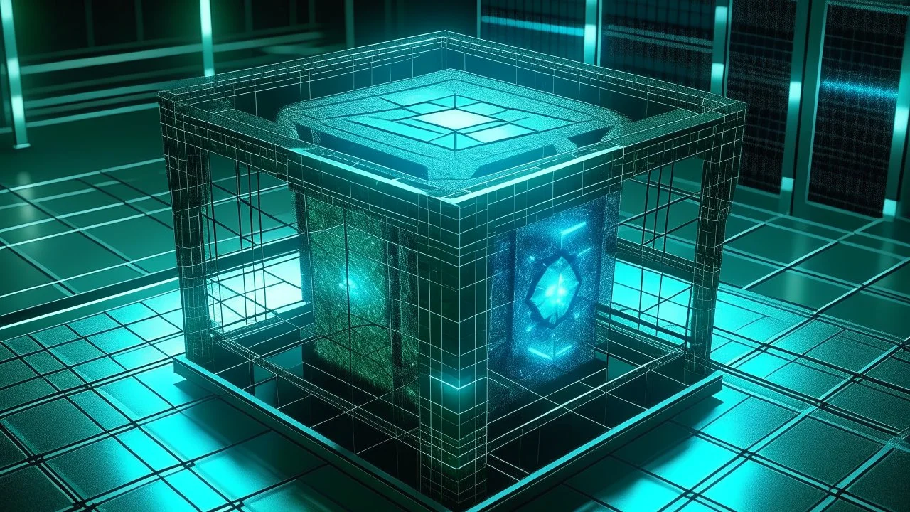 Cube tesseract from movie Loki. Tesseract should not be cropped. Located strictly in the middle of picture with space around it and with navy blue/green glow inside tesseract. Without surface/table on which it stay.