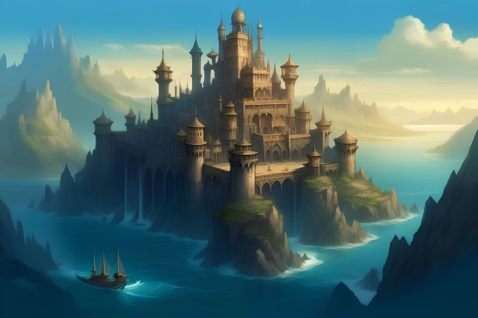 A beyond standard kingdom is out in the middle of the sea during a misty day. The layout of this kingdom begins with a main entrance gate that leads into the main party of the city. Nothing else is in sight except for this kingdom.