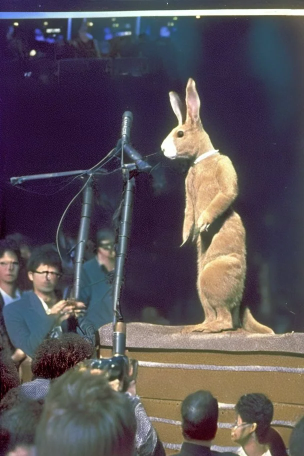 1990 human show the winner is a "half human rabbit combined animal::40", realistic (film Color Mission 200::10) photo from old disposable camera , he brings on a friend with a microphone,grainy photo