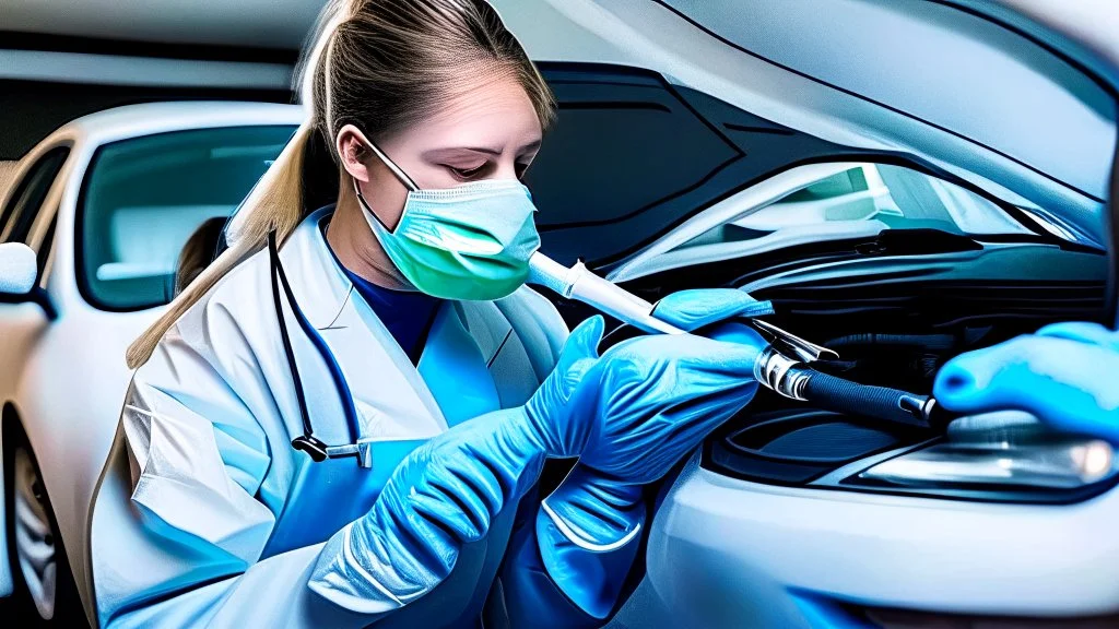 nurse giving a car a covid test in exhaust pipe