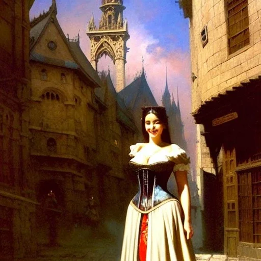 fullbody portrait 'beautiful fit busty medieval woman on street in medieval city',corset,painting by gaston bussiere, greg rutkowski, yoji shinkawa, yoshitaka amano, tsutomu nihei, donato giancola, tim hildebrandt, oil on canvas, cinematic composition, extreme detail,((fit full head inside picture)),32k