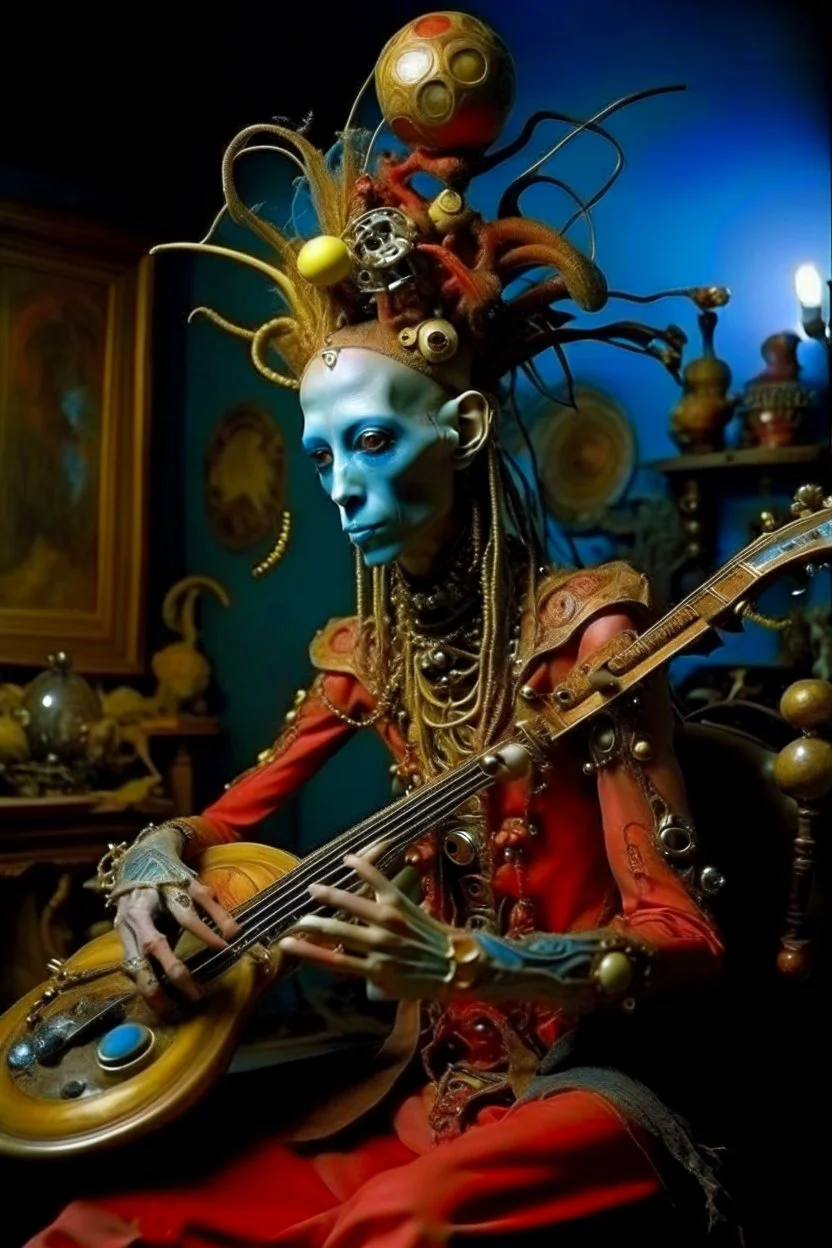 photo by tim walker : loan-blend human-alien biomorphic-animals squid indefinite head extreme wide shot head to toe portrait of weird krofft pufnstuff puppet voodoo cutie sitar player king human nervous systems, renaissance faire alex grey hyper detailed michael cheval with a playful expression made out of mechanical parts and robot arms; cyborg details, unusual and obscure photograph by františek vobecký of a surreal scene of ghastly men, pop art, clive barker style, 300mm f/.8, raw cinematic p