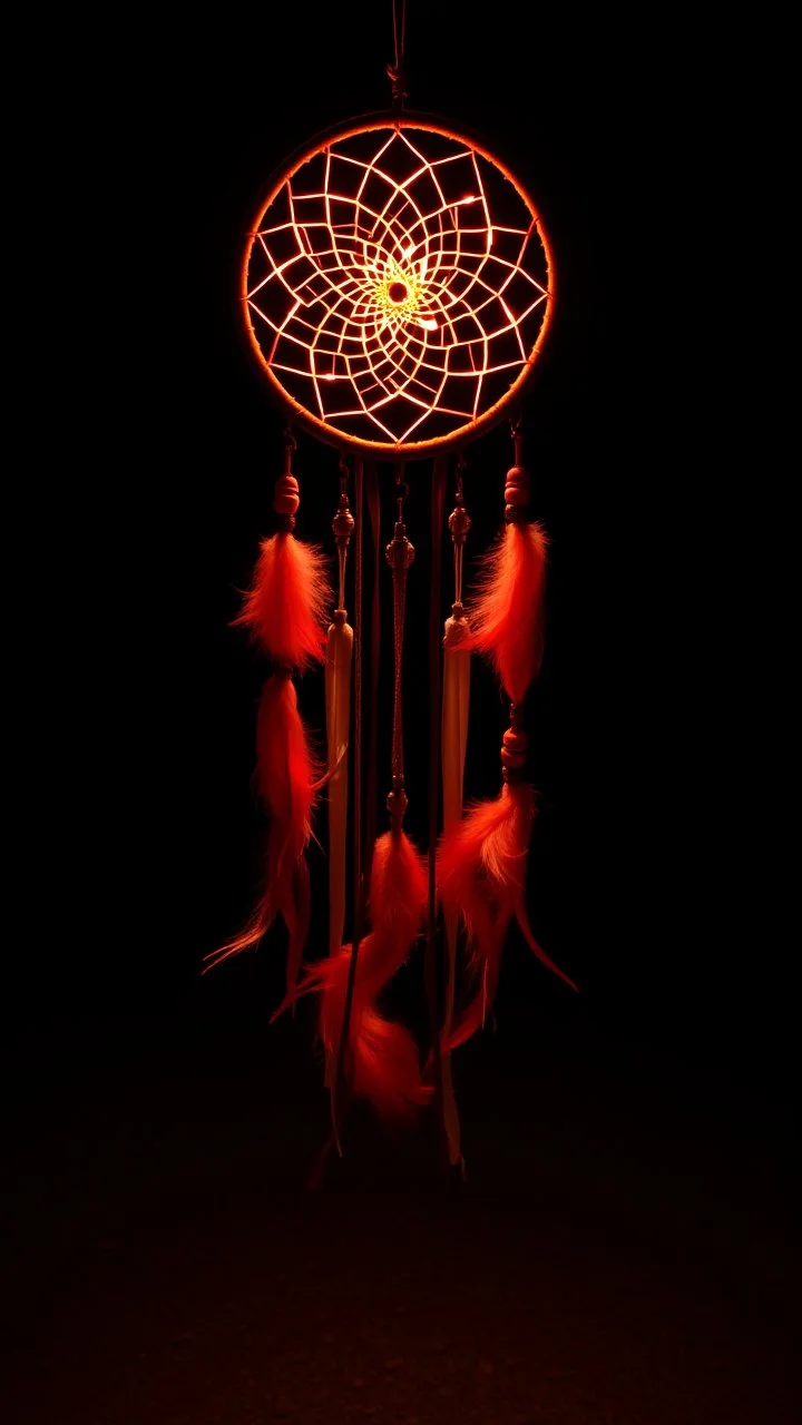 a dreamcatcher made of light, natural red tones, brown dirt ground long bottom, dark background