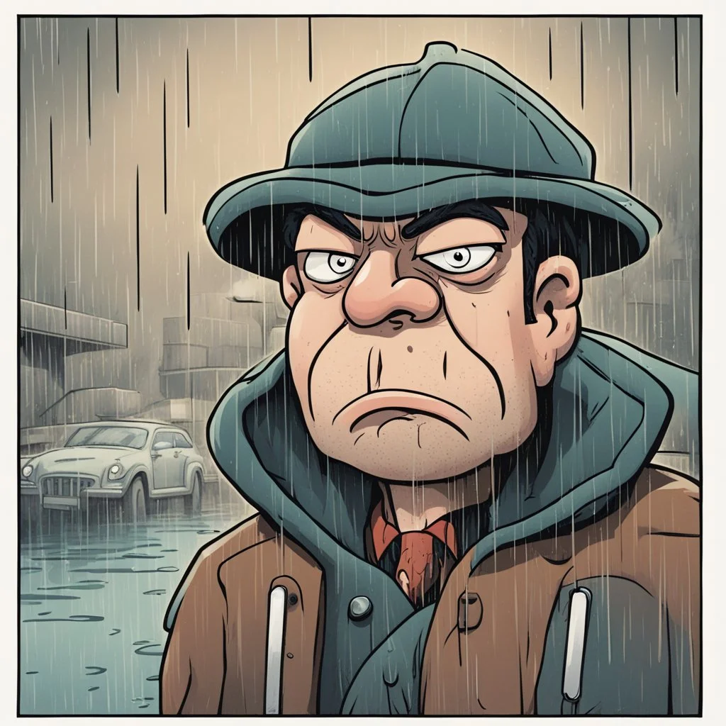 a closeup of a disgusted man in a heavy coat during a rainstorm cartoon