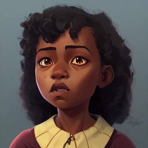 Portrait of a pretty dark skinned little girl witch with dark curly hair by Jim Kay