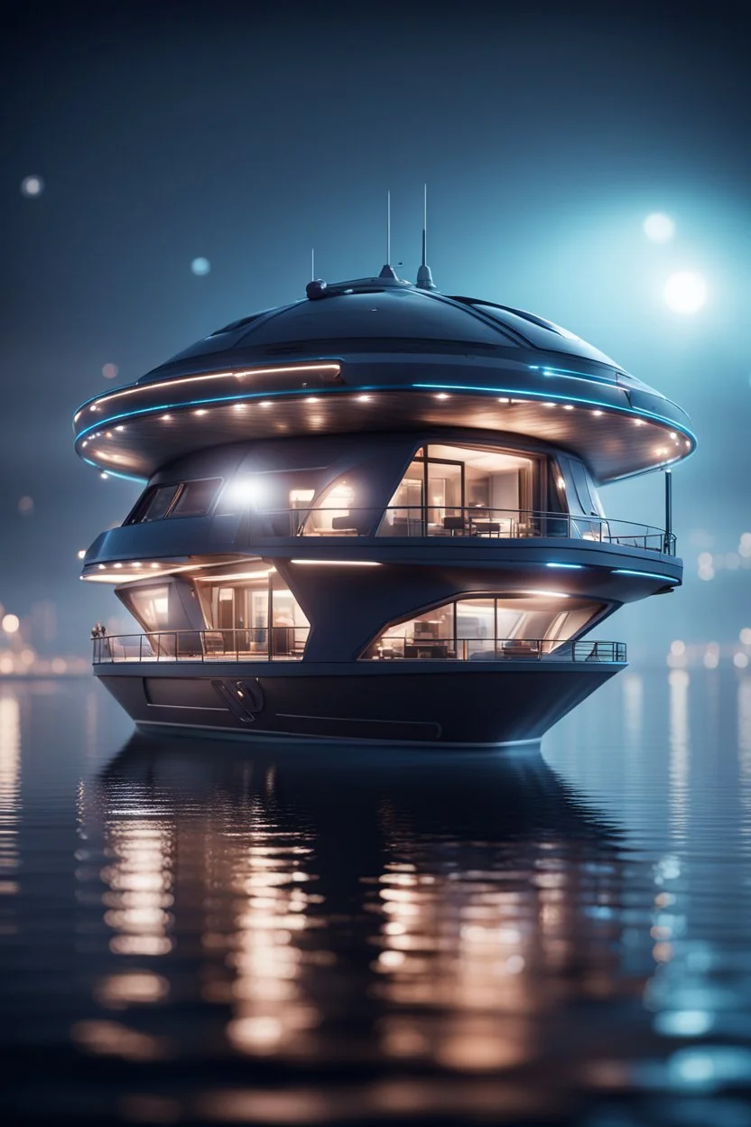 a misty catamaran dome modular house boat that looks like a dark twisted alien space ship with spotlights, in advanced hi tech dock, bokeh like f/0.8, tilt-shift lens 8k, high detail, smooth render, down-light, unreal engine, prize winning