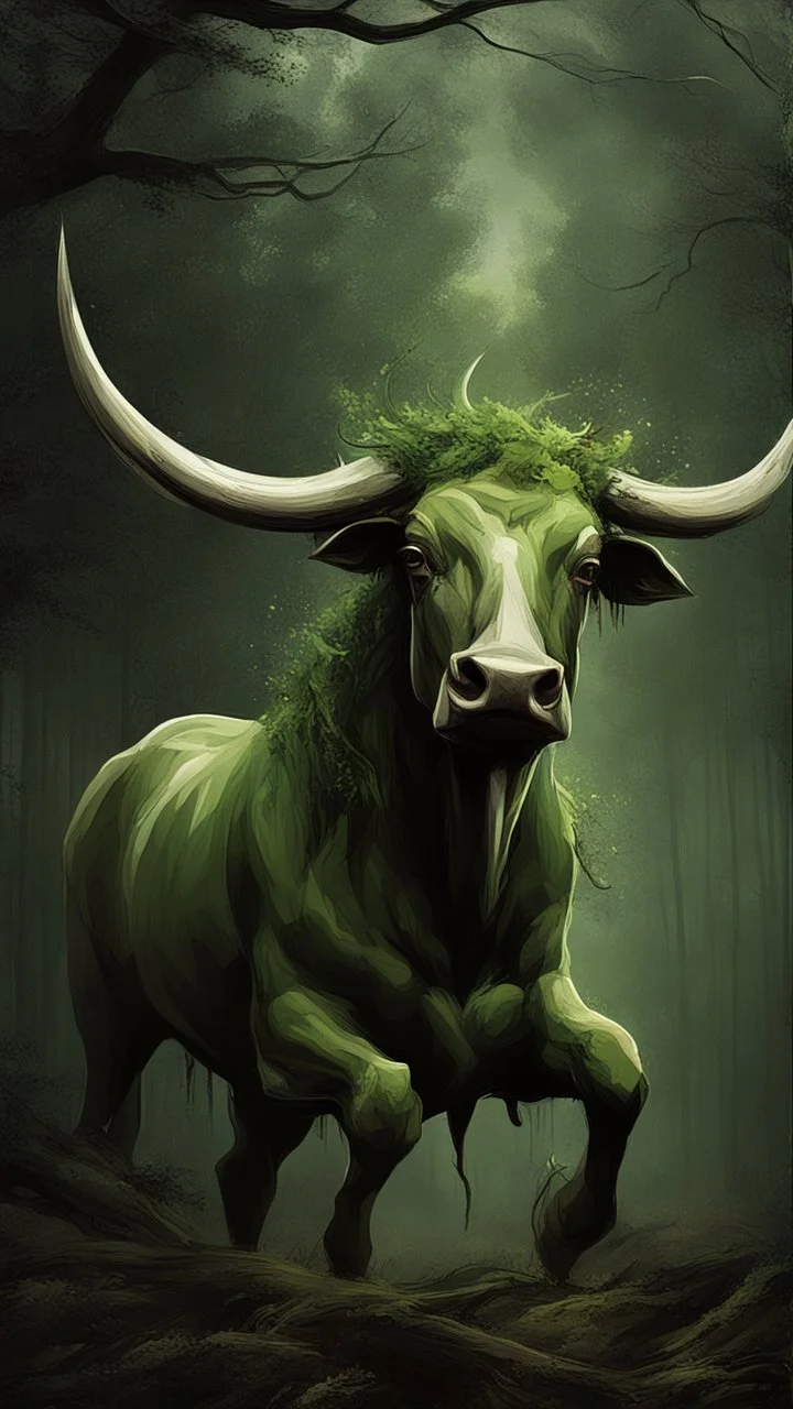 A bull or a horse with a wooden totem with spikes on it, in the middle of the forest. Opposite is a tree with a green-skinned man on it., by Ryohei Hase, Agnes Cecile, Raymond Swanland, Anne Bachelier