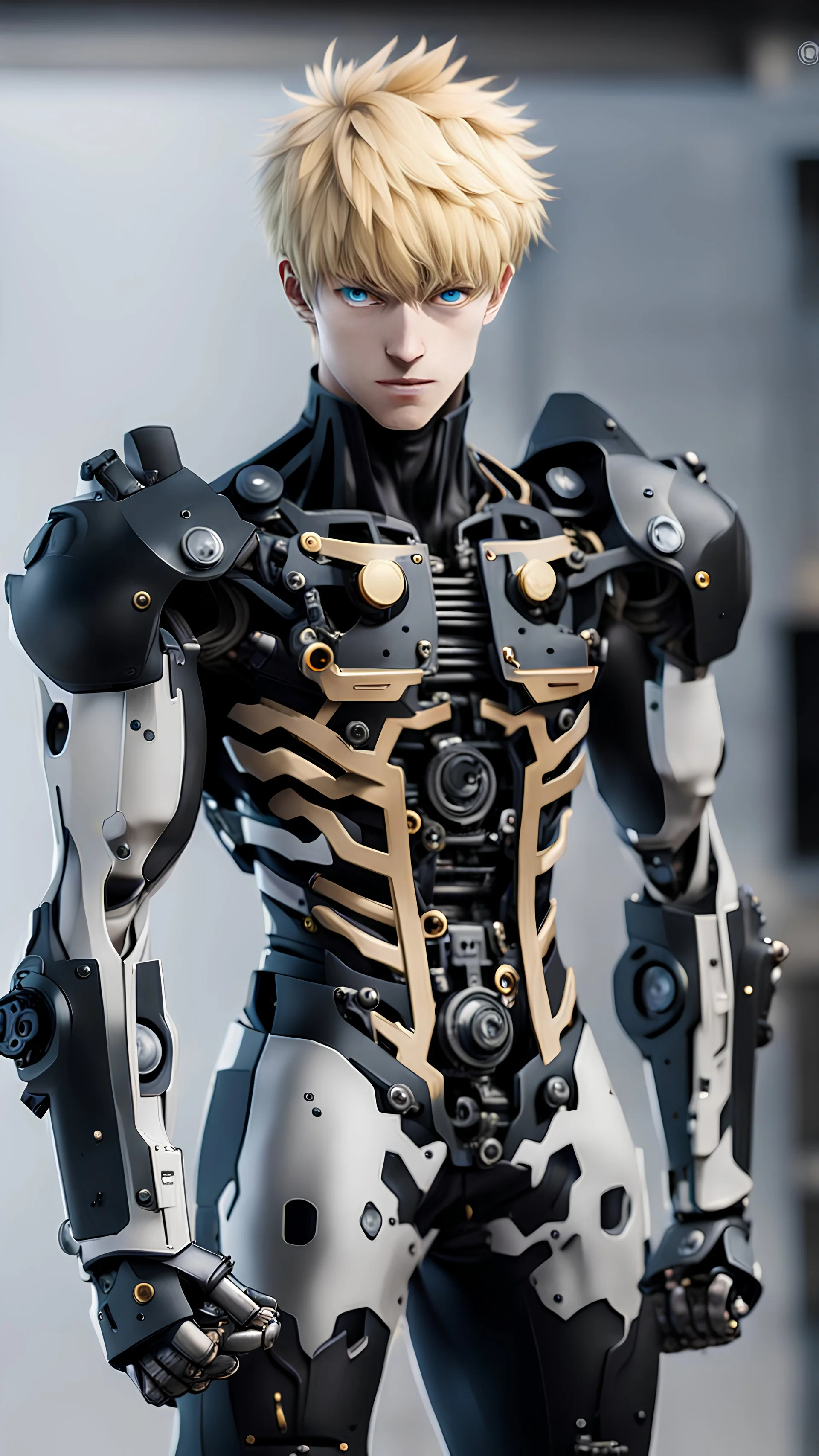 Genos from One Punch Men with black mechanical parts in real life