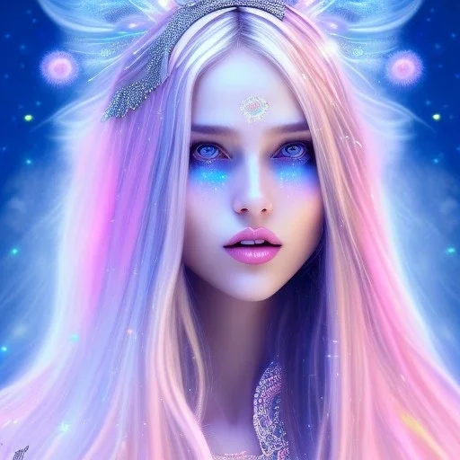 beautiful, soft, smiling face, whole head, long straight blonde hair blues eyes, crown on the head, clothing in transparent bluish and pink veil, background brillante bluish and pink, hight definition, 8K