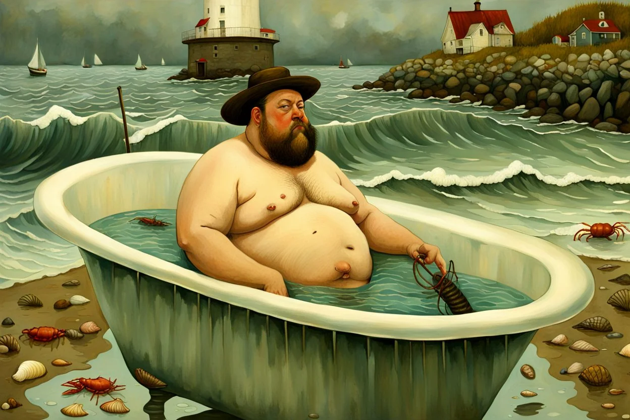 A fat man wearing a hat, is in a bath tub, by a light house, by andrea kowch, holding a umbrella, inspired by andrew wyeth. A rustic harbour, with ships docked is nearby. The Beach is covered with sea shells, crabs and lobsters.There are rain clouds and everything looks as if done in watercolors victo ngai, matisse, monet, catrin welz-stein, vladi