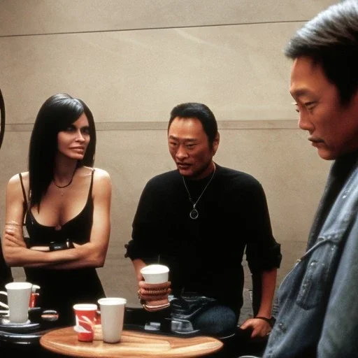 Courtney Cox, Courtney Love and Ken Watanabe chatting happily over coffee at Starbucks