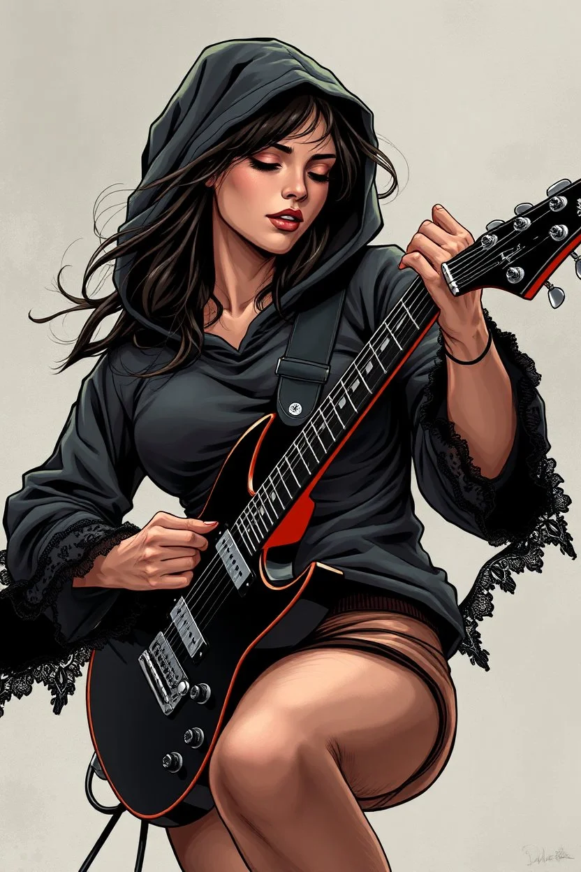 beautiful busty waif woman(wearing a wrinkled dark hoodie with wide sleeves trimmed with lace) playing a black electric guitar at high angle. heavy metal graphic novel