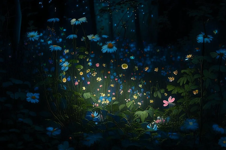 night, forest, flowers