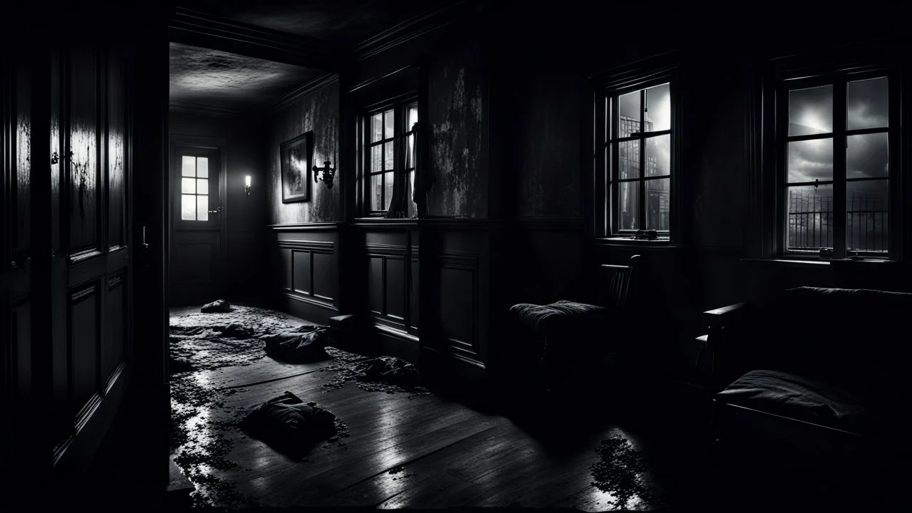 How could someone living on the second floor understand the misery of the one on the ground floor? high contrast, detailed, dark , noir, thriller, deep dark colors, gloomy, cinematic