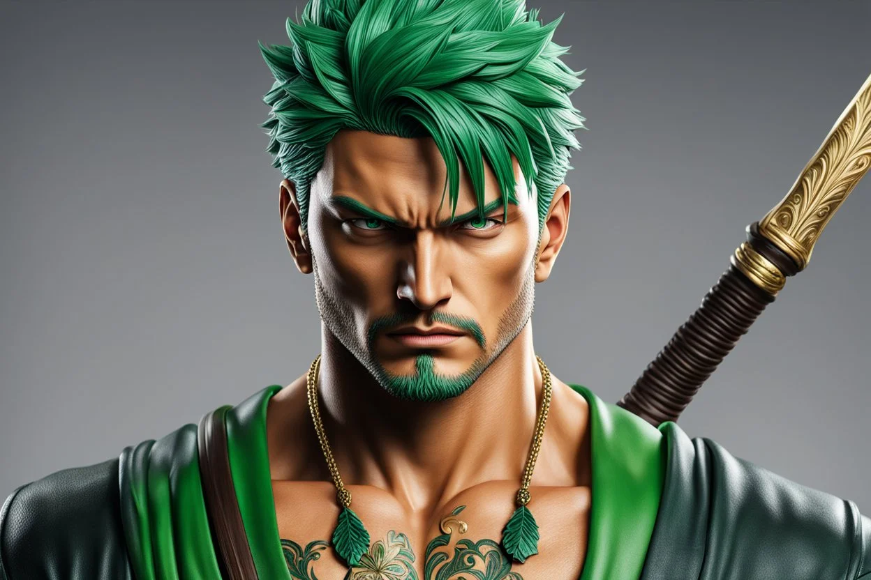 Zoro in 8k live action artstyle, one piece them, Crooked eyebrows, dynamic pose, intricate details, highly detailed, high details, detailed portrait, masterpiece,ultra detailed, ultra quality