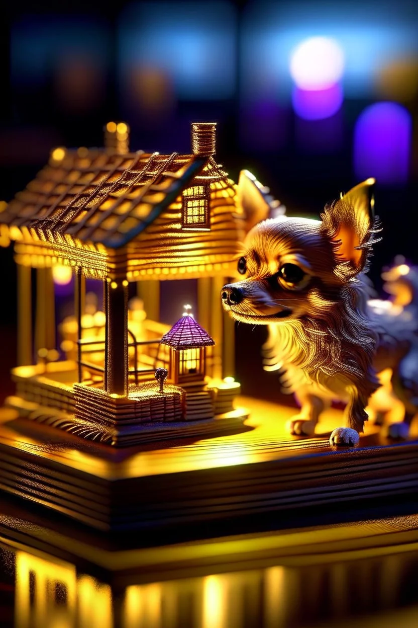 macro kirlian photo of Chihuahua in dog house on isometric model on beautiful luxury kitchen table,luxury salt lamp, glass walls and tunnels in isometric perspective, photo-realistic, shot on Hasselblad h6d-400c, zeiss prime lens, bokeh like f/0.8, tilt-shift lens 8k, high detail, smooth render, down-light, unreal engine 5, cinema 4d, HDR