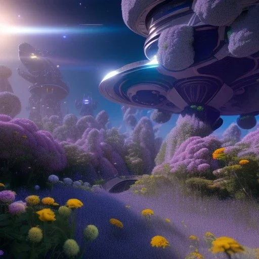 Spaceship landed on futuristic planet, sunny day. clear blue sky, cascade, flowers. Elegant. Extremely detailed. Award winning photography. Fantasy. 8k. Cinematic lighting. Photorealistic. Dynamic lighting. Imperial colors. Crisp quality. Unreal Engine. Colourful cinematic postprocessing. Pixar. VRay.