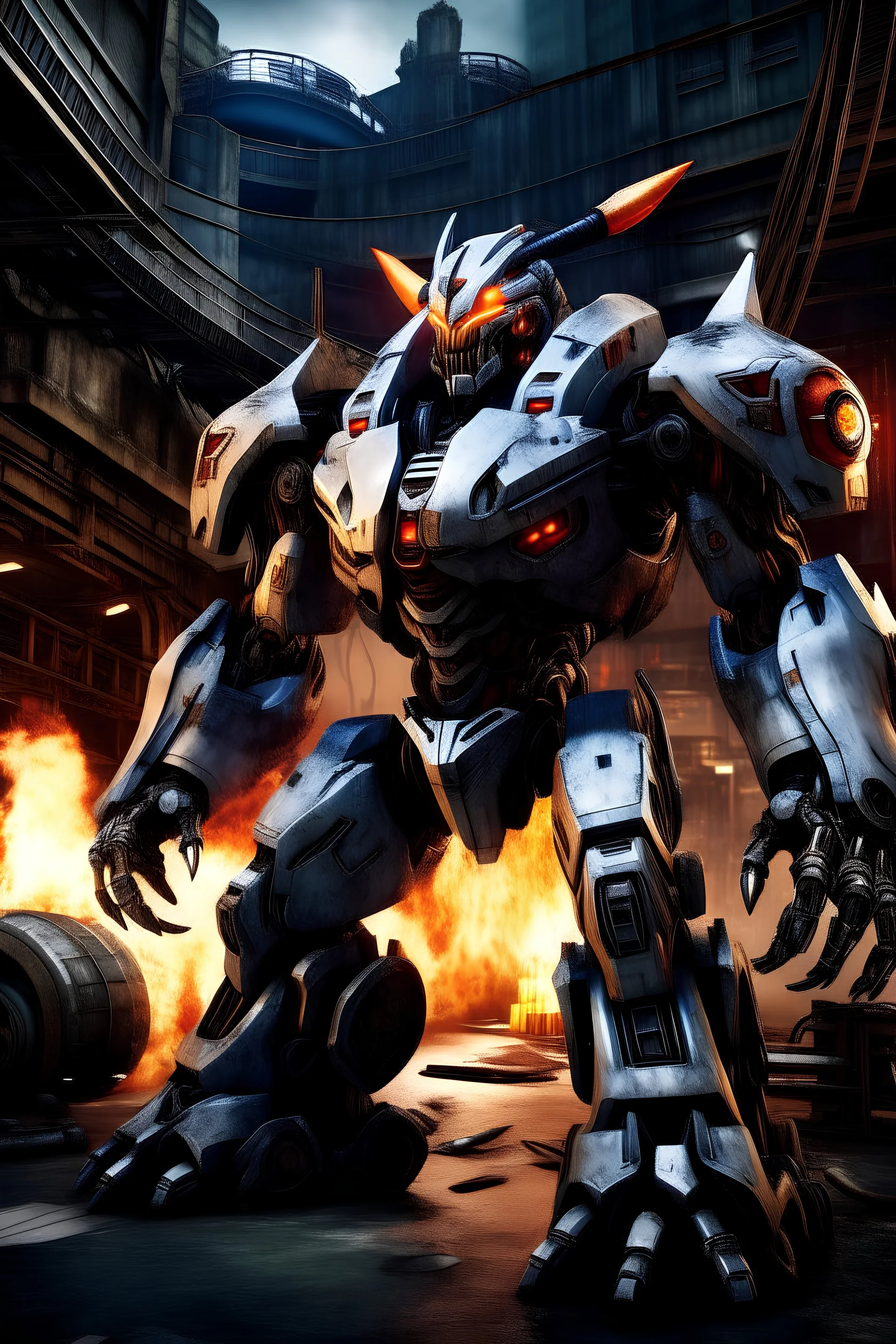a detailed picture of a Pacific Rim Jaeger as if it were made by the Harley Davidson Motorcycle company. It towers over the war-ravaged city. It is decorated with lots of chrome, airbrushed flames , and a big Willy G skull on its chest plate. It has many weapons and lights. Cinematic shot.