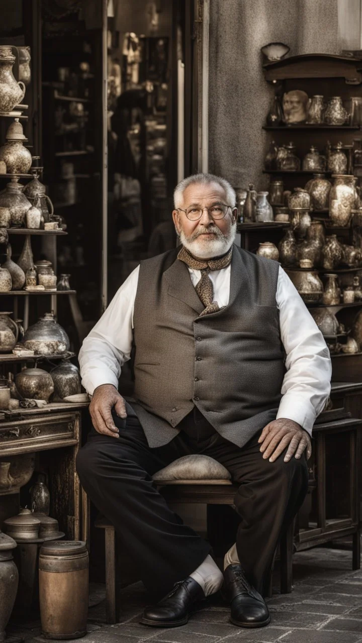 Full length photograph of a 58 year old, strong and chubby Neapolitan antiques dealer, at the street market, elegantly dressed, old glasses, short beard, short shaved hair, under the sun, stocky, open shirt, hairy chest, sitting in a furniture stall of antique and mirrors, big belly, big shoulders,, sunlight, ambient occlusion, side light, photorealistic, side view from the ground