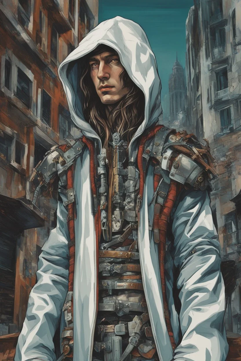 Sandro Botticelli style. Whole body. Masterpiece of a hooded killer Cyborg, his eyes are intense, contrasting colors. Fondo ciudad