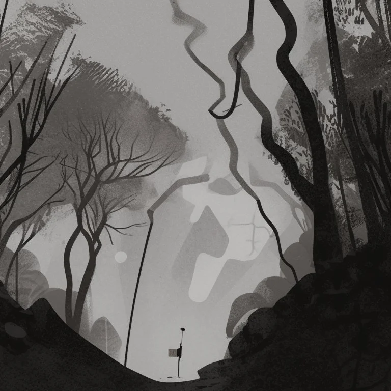 ilustración de un hombre en mitad de un bosque