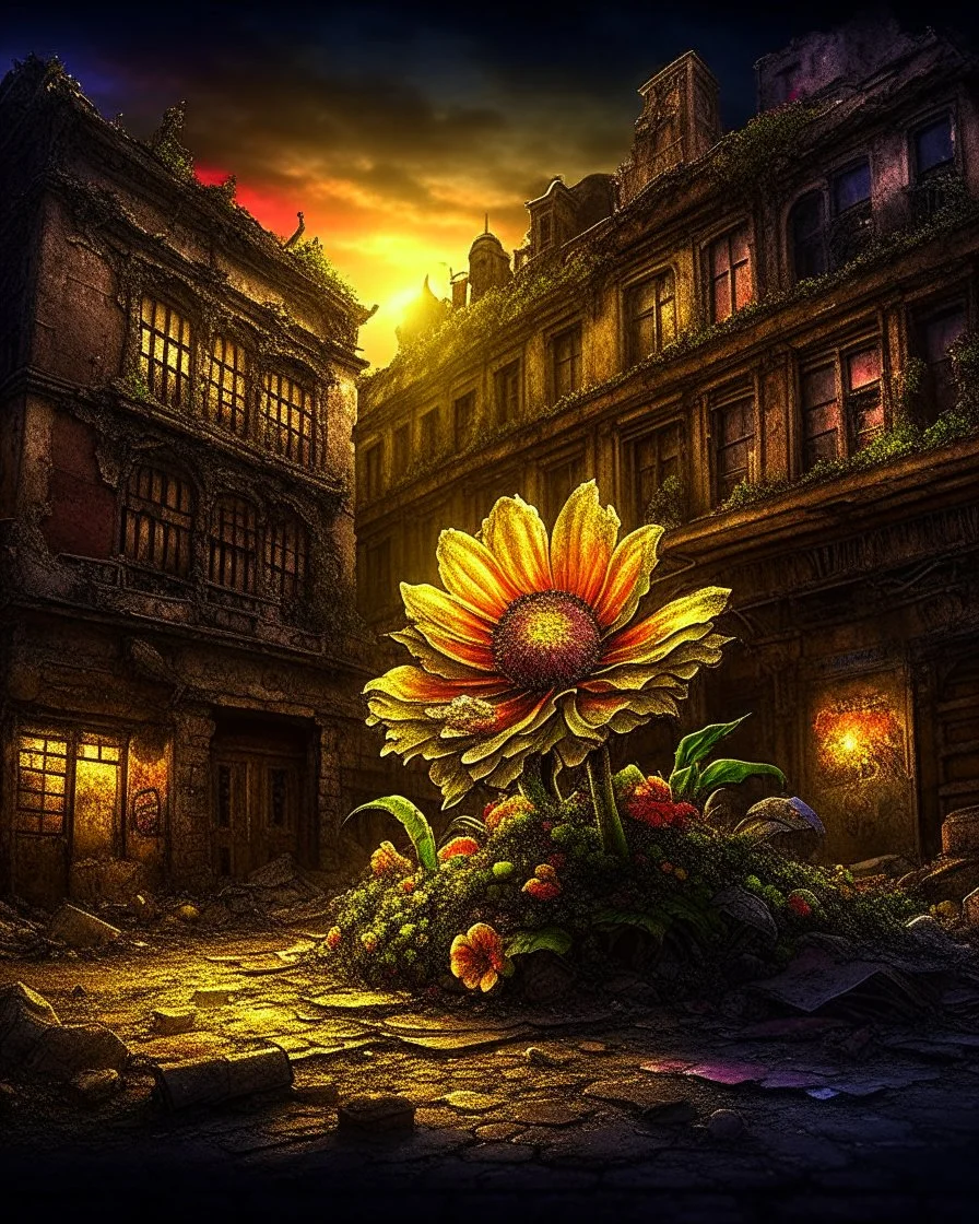 flower of peace blooming on damaged building in war torn city, capturing the essence of hope amidst chaos, this digital painting showcases an intricate and highly detailed portrayal, the warm lighting bathes the scene, casting a soft glow on the flower petals, while the rest of the city remains in shadows, the sharp focus ensures every intricate detail of the flower and the building's destruction is visible, this thought-provoking artwork, Trending on Artstation, combines elements of realism an