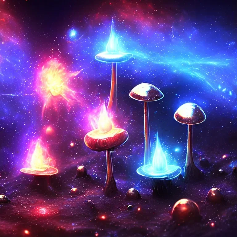 metal MUSHROOMs stars galaxy SPACE lANDSCAPE BURNING IN BLUE FLAMES hellfire abyss Faust sword wings