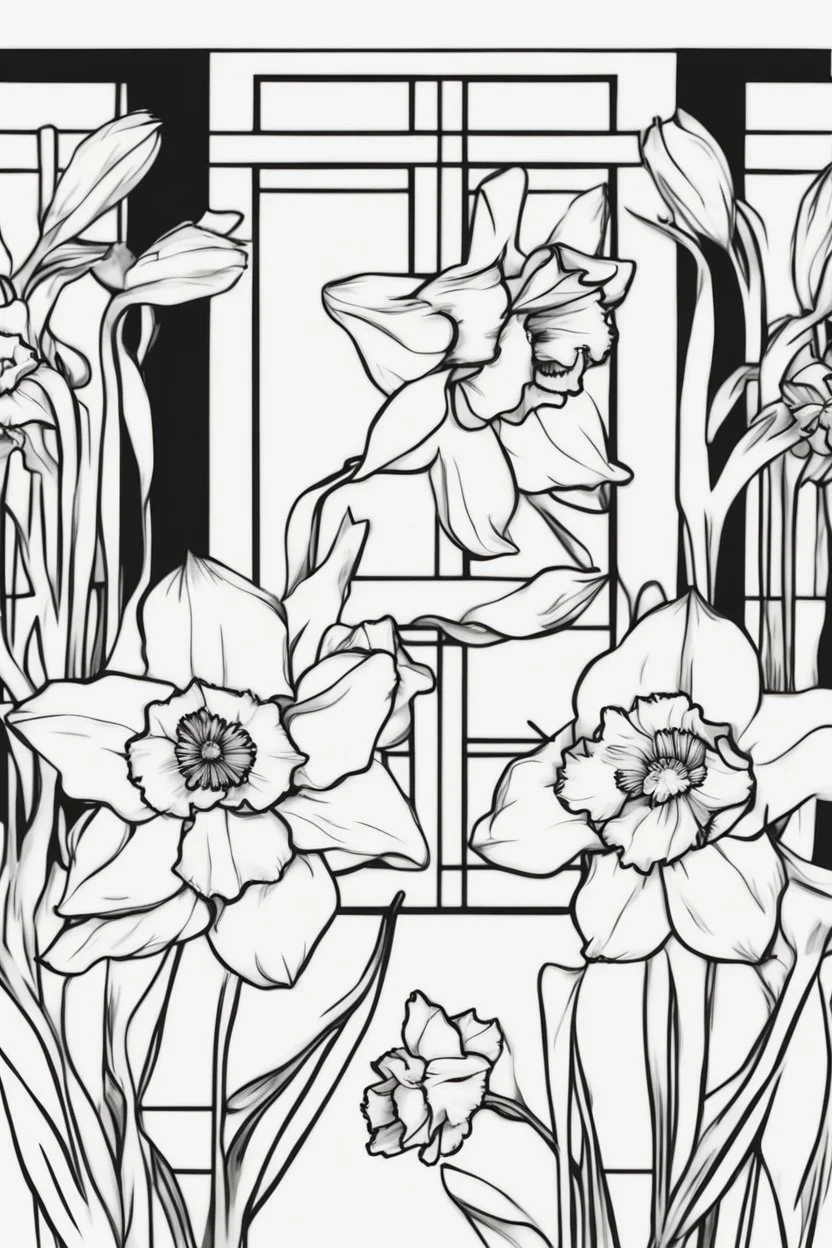 outline art for Spring: Daffodils , White background. sketch style, clean line art, white background, no shadow and clear. White/black