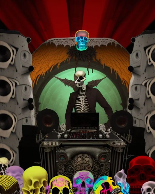 DJ of the damnded, insanely detailed DJ booth in hell, MID set, speakers and equipment made of bone, anatomically correct,