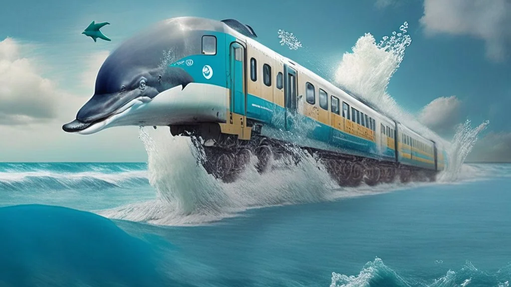 A train to cross the ocean where dolphins are jumping.