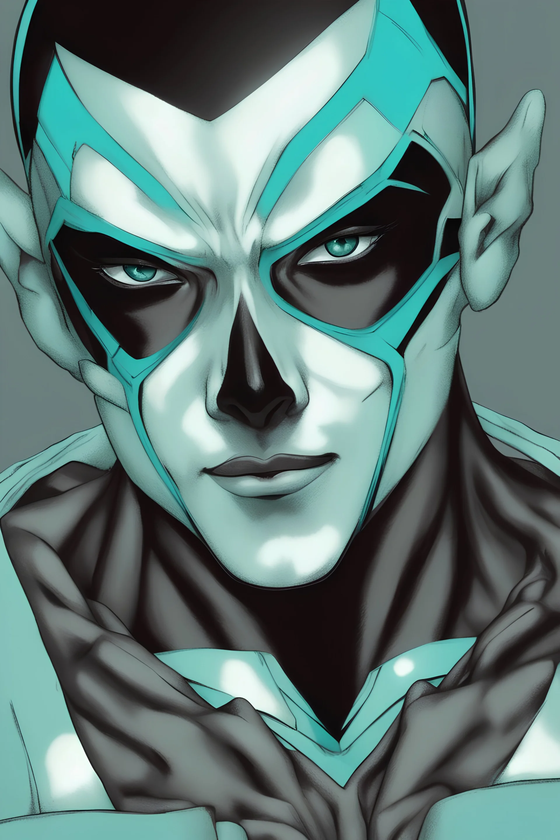 male, black skinned, teal eyes, bald