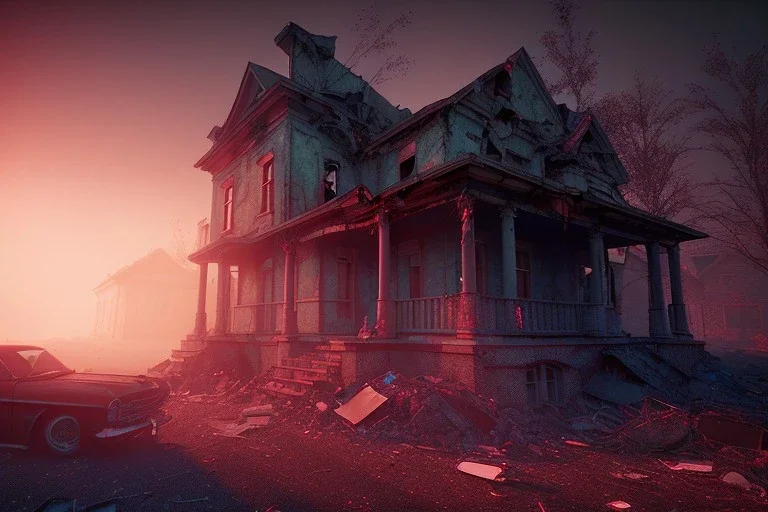  a quiet place movie , run down, residental homes , night time, destroyed buildings , unity, scriptable render pipeline , red tone , volumetric , blue emission , faded fog , lighting.