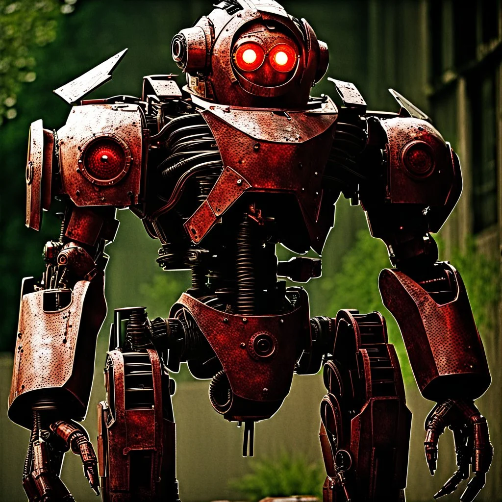 trash mech suit, human-sized, made of scrap metal, small, cockpit, light rust, round, red glowing eyes