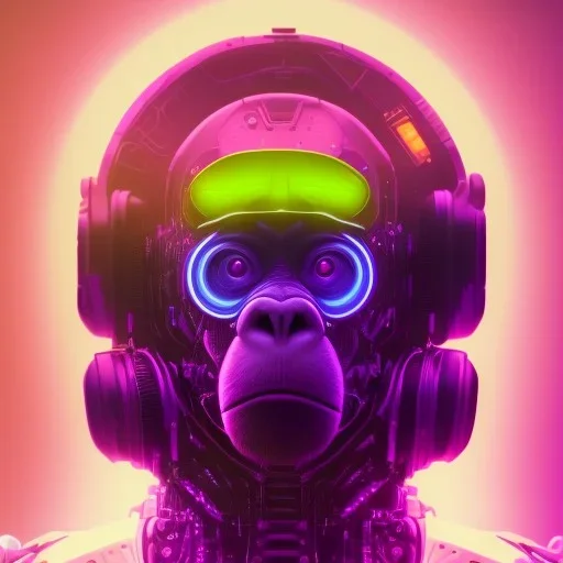 A beautiful portrait of a cyborg monkey purple neon color scheme, high key lighting, volumetric light high details psychedelic background