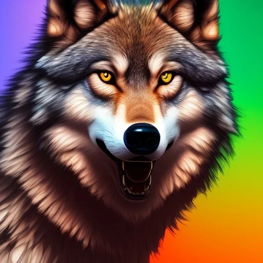 Wolf, red, orange, yellow, green, blue, purple, masterpiece, expert, 8K, hyperrealism, sharp focus, cinematic lighting
