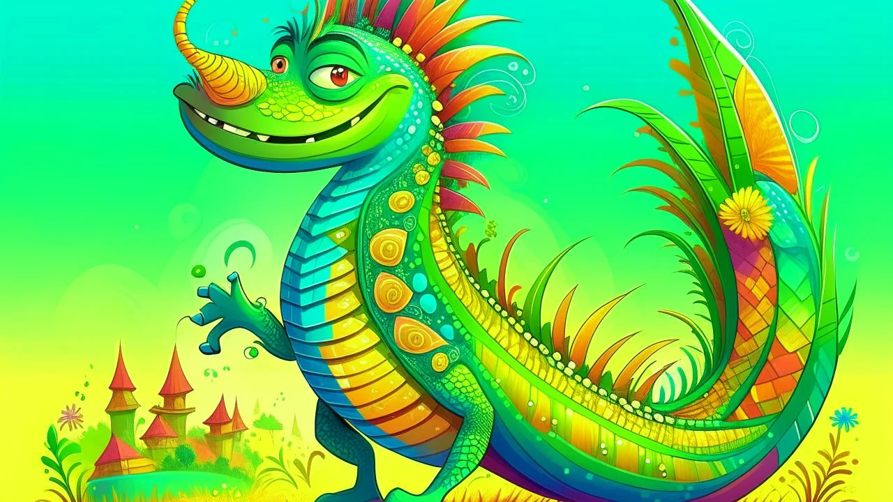 fantasy cartoon style illustration: the grasshopper has a radiant and vibrant carnival costume Rio de Janeiro, made from vibrant snake scales