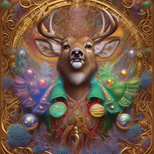 Deer and Santa , 500 x 500 pixels, glitter gold, extremely detailed fractal , fractal gems, fractal crystals, gold glitter, digital oil painting , detailed art illustration, vibrant, cinematic, ornate, luxury, 8K polished in the style of Josephine Wall, Brian Froud.Thomas Kinkade